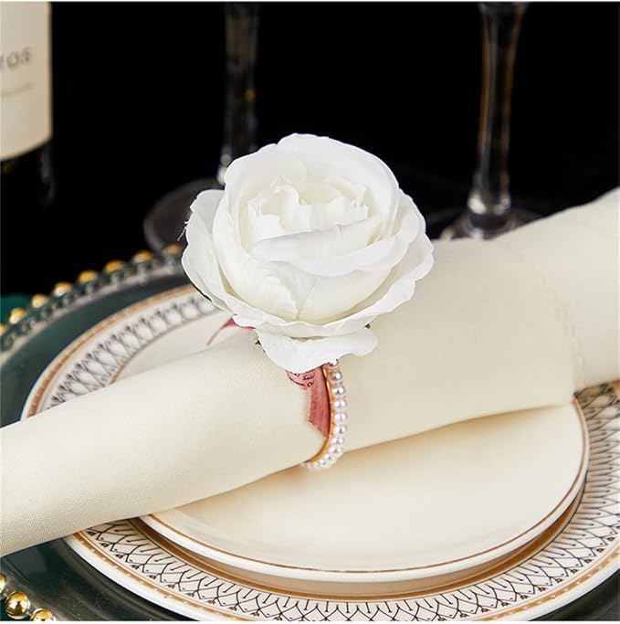 Pearl Napkin Rings Set of 6,Rustic Rose Napkin Rings Flower Dinner Napkin Holder for Table Decoration (21#White)