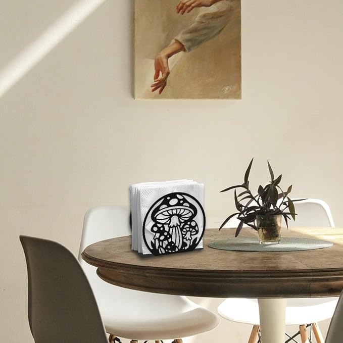 Mushroom Decorative Black Metal Napkin Holder for Table, 5.3" x 4.8" x 2" Mushroom Plant Standing Napkin Holder for Home Kitchen Restaurant Picnic Party Coffee Bar Dining Room