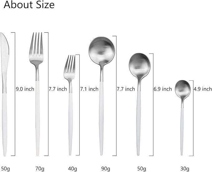 JASHII 18/10 White Handle Flatware Silver Silverware Set 304 Stainless Steel Flatware Cutlery Set| 6-Piece Adaline Royal Modern Satin Finish| BEST Birthday Wedding Gift (White Handle Matte Silver)