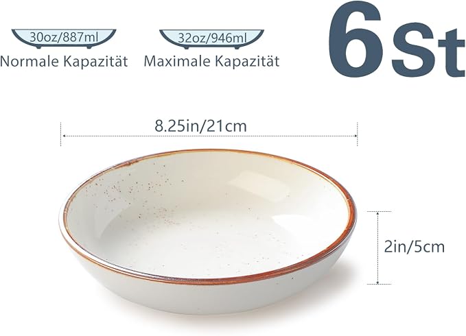 ONEMORE 30 Oz Porcelain Salad Pasta Bowls, Shallow & Wide Bowls Plates Set of 6 - Image 4
