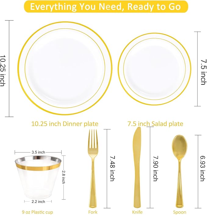 WELLIFE 350-Piece Gold Disposable Plates and Cutlery Set - Image 2