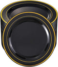 bUCLA 100 Pieces Black and Gold Plastic Dinner Plates - 10.25 inch Black Disposable Plates with Gold Rim - Ideal for Party, Graduation & New Year