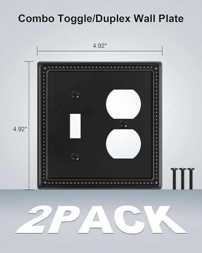 2-Pack Combo Toggle/Duplex Light Switch Cover Plate, Black Metal Wall Outlet Cover Plate, Decorative Beaded Wall Socket Receptacle Cover for Electrical Outlets, Light Switch