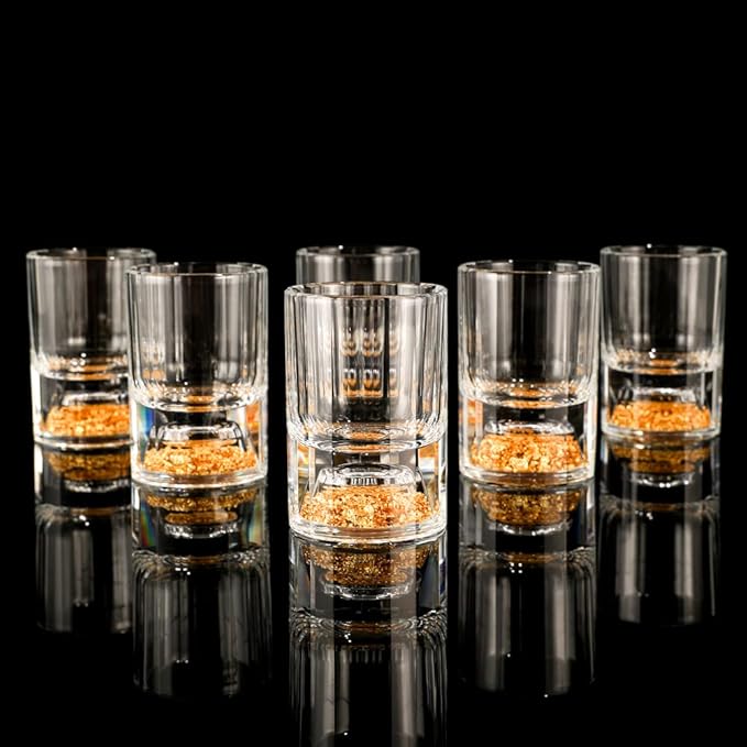 SIYOUKI Crystal Shot Glasses 1.7oz Set,Decorated With 24K Gold Leaf Flakes,Lead-Free,Handmade Set Suitable For MaoTai,Spirits,Drinks Tastin,Gift-Box Packaging (6pcs)