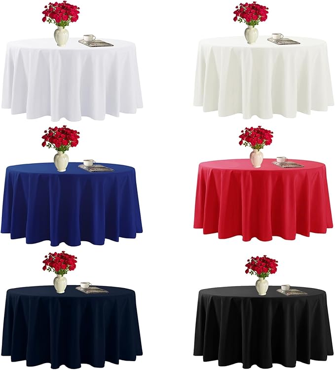 Fokitut 6 Pack Round Tablecloth, 120 Inch, Stain Resistant and Wrinkle Polyester Table Cloth, Fabric Table Cover for Kitchen Dining, Wedding, Party, Holiday Dinner-White