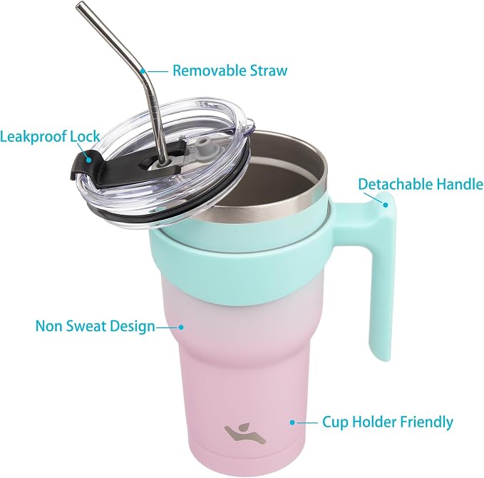 Konokyo 30 oz Tumbler with Handle and Straw, Insulated Travel Mug | Gum; - Image 2