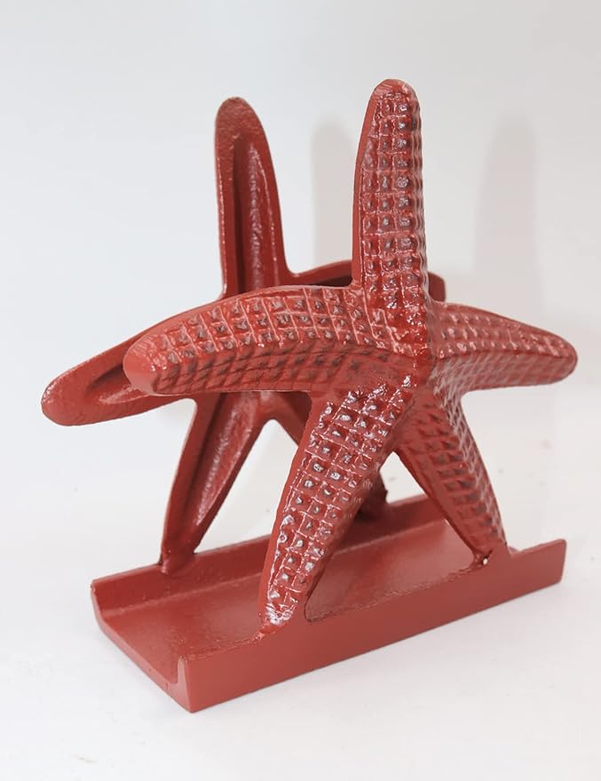 Nautical Starfish Lunch Dinner Metal Napkin Holder Kitchen Beverage Cocktail Ocean Coastal Napkin Holder By The Metal Magician (Distressed Red)