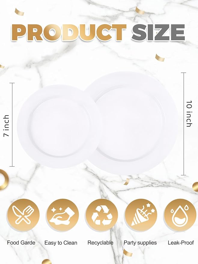 WDF 200pcs White Plastic Plates Disposable - Heavy Duty Plastic Plates for Party - Include 100 x 10 Dinner Plate and 100 x 7 Dessert/Cake Plate - Ideal for Weddings/Parties/Events