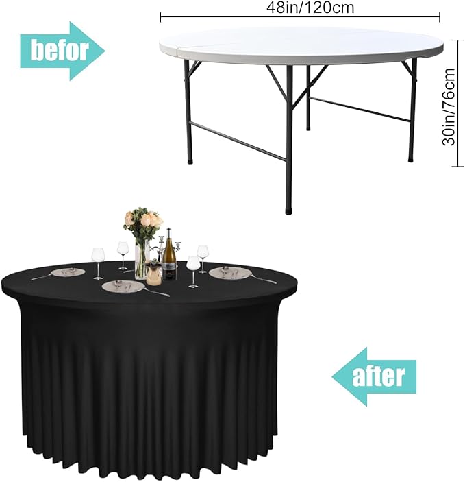 6 Pack 48" Diameter x 30" Height Black Table Skirt | Fits 4FT Round Tables | Polyester Spandex Cloths With Skirt | Stain, Wrinkle Resistant for Wedding, Party, Dining, Banquet