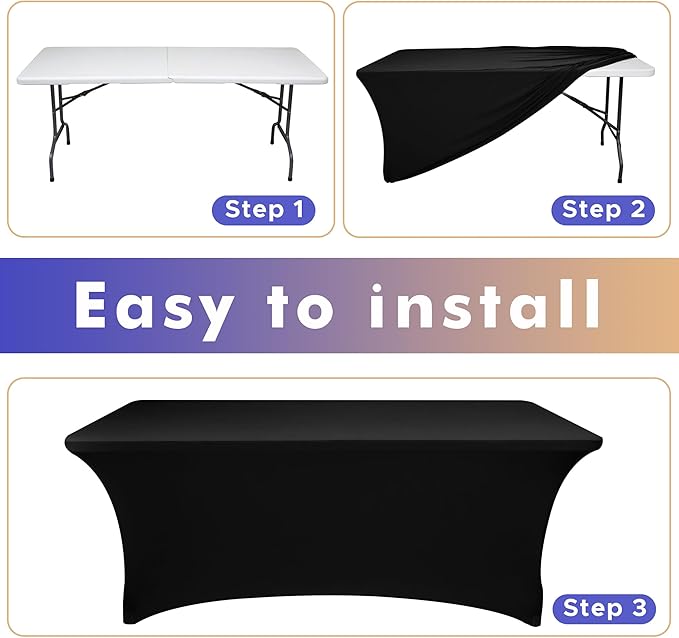 Nasitos 2 Pack Black Table Cloth Rectangle - 8 ft Spandex Stretch Tablecloths Fitted, Washable, Wrinkle-Free for Parties, Banquet & Trade Shows