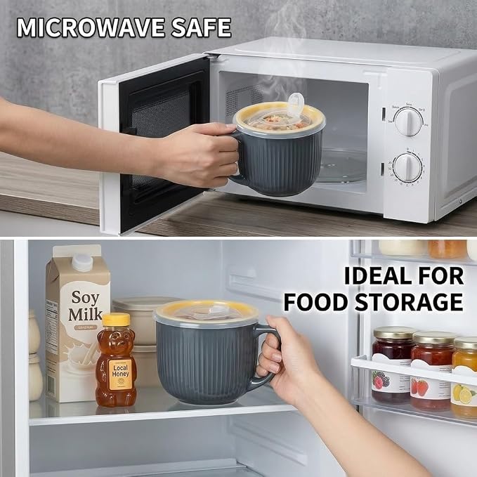 Ceramic Soup Bowl with Handle & Lid, Large 32oz Microwave Ramen Bowl Gray | - Image 6