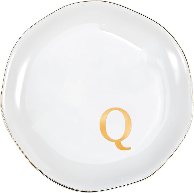 ProCase Ceramic Jewelry Tray, Initial Ring Dish Trinket Plate Engagement Gift, Small Personalized Monogram Ring Bowl for Wedding, White Decorative Jewelry Holder for Women Vanity -Letter Q