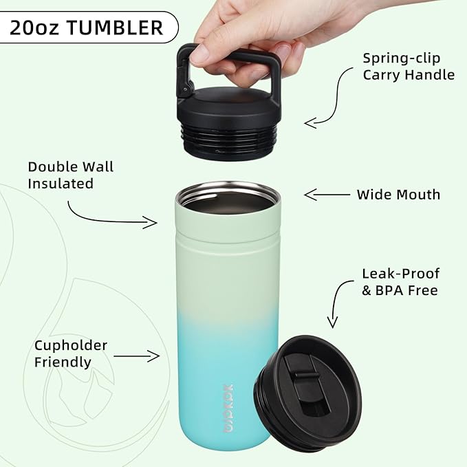 BJPKPK Insulated Water Bottle with 2 Lids,20 oz Double Wall Stainless Steel Vacuum Tumbler Travel Coffee Mug,Wide Mouth Thermal Cup,Mint