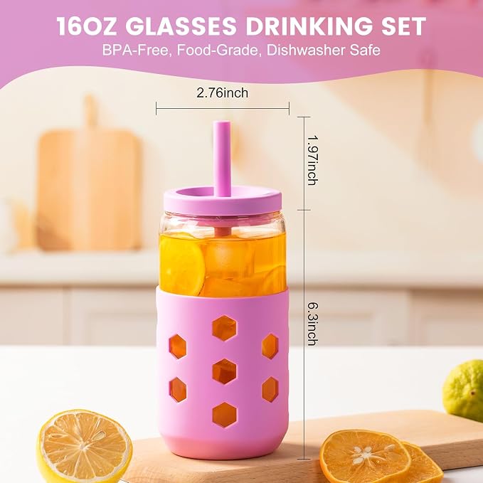 Mrsdry 16 oz Glass Cups with Lids and Straws - Image 4
