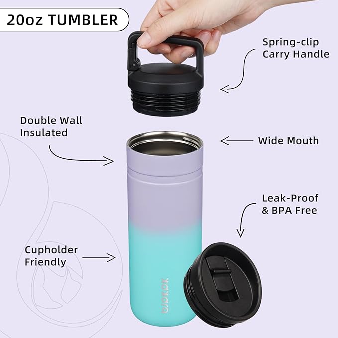 BJPKPK Insulated Water Bottle with 2 Lids,20 oz Double Wall Stainless Steel Vacuum Tumbler Travel Coffee Mug,Wide Mouth Thermal Cup,Lavender Green