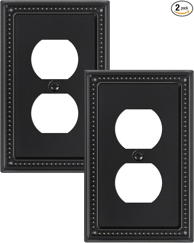 2-Pack Duplex Outlet Cover, Black Metal Wall Plates for Electrical Outlets, 1 Gang Receptacle Light Switch Cover, Pearls Beaded Decorative Switch Plates and Outlet Covers