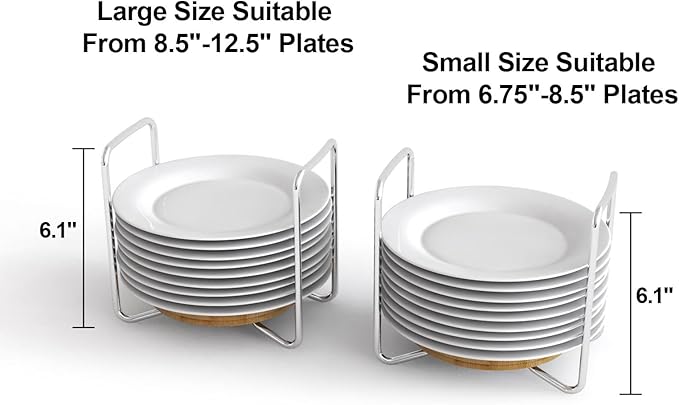 Dish Rack for Kitchen Countertop Organizer - Bamboo Plate Organizer for Cabinet Space Saver, Adjustable Stainless Steel 304 Plate and Bowl Holder with Portable Handle for Drawer Cupboard Shelf RV
