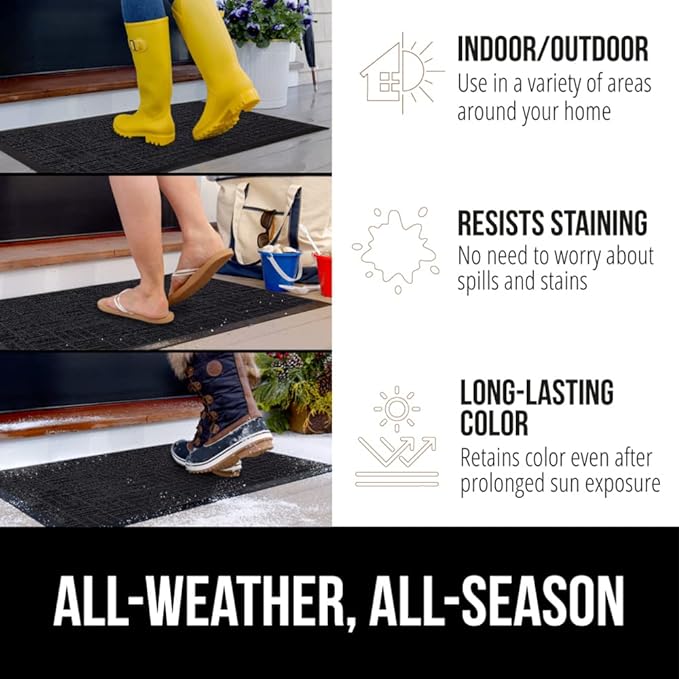 GORILLA GRIP 100% Waterproof All-Season WeatherMax Doormat, 72x24, US Designed Natural Rubber, Stain and Fade Resistant, Low Profile Indoor Outdoor Door Mats, Easy Clean Patio Mat, Black Maze