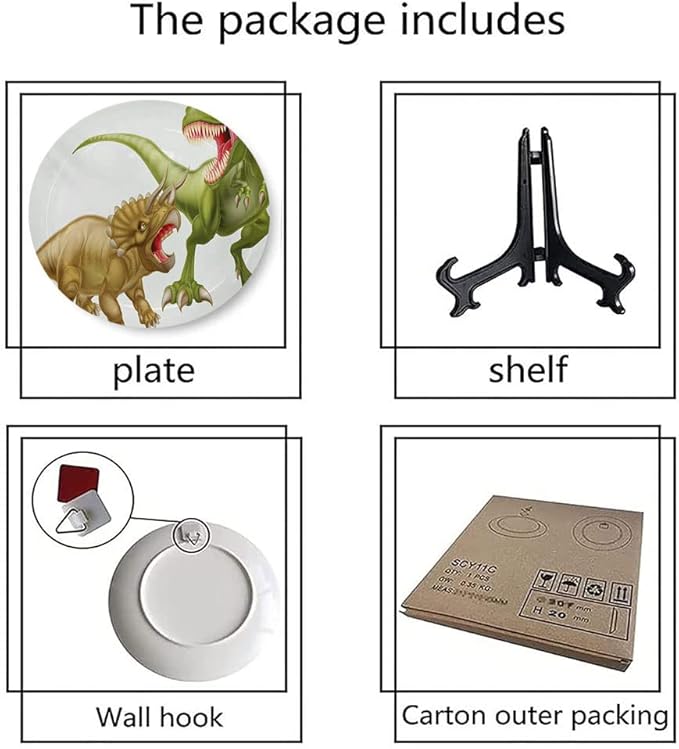 Ceramic Plates, Dinosaur Decorative Ceramic Plates, Rex Versus Triceratops Scaring Each Other, 8 Inch, for Dining, Parties, Wedding, Green Pink Pale Brown