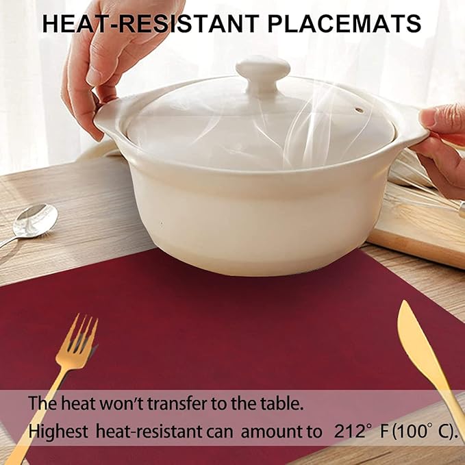 Faux Leather Eco-Friendly Kitchen Placemats with Rounded Corners Set of 4,Washable&Wipeable Place Mats,Waterproof&Stain Resistant Table Mats,Heat-Resistant,Non-Slip(Red,4)