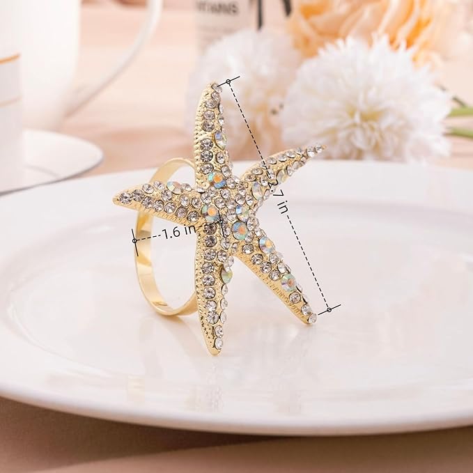 Crystal Starfish Napkin Rings - Rhinestone Coastal Nautical Napkin Ring Holders for Wedding Party, Beach/OceanTheme Dining Table Decoration Accessories (6)