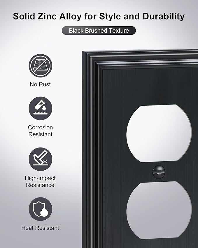 2-Pack Single Duplex Outlet Cover Plate, Decorative Black Switch Plates and Outlet Covers, Metal Wall Plates for Electrical Outlets, 1 Gang Receptacle Cover, Corrosion Resistant