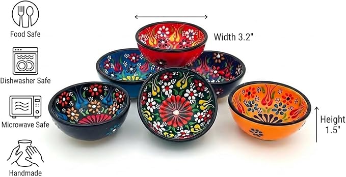 Turkish Ceramic Pinch Bowls Set of 6 – Small Dipping Bowls for Charcuterie Boards, Appetizers, Snacks & Sauces -Handcrafted Turkish Bowl for Serving, Decor & Gifts (3.2”)