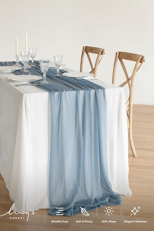 Ling's Moment 14Ft Dusty Blue Table Runner, Wedding Chiffon Table Runners | - Image 2
