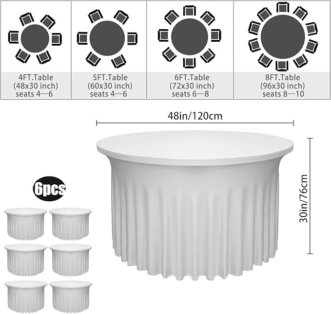 6 Pack 48" Diameter x 30" Height White Table Skirt | Fits 4FT Round Tables |Polyester Spandex Round Table Cloths with Skirt|Stain 、Wrinkle Resistant、 for Wedding,Party,Dining,Banquet