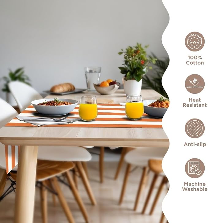 Folkulture Fall Table Runner 90 Inches Long | Orange & White Striped | Table - Image 3