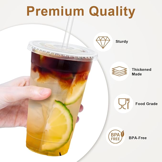24 oz 100 Pack Plastic Cups with Lids and Straws, Sturdy Food Safe Iced Clear Coffee Cups Disposable Smoothie Cups for Cold Drinks