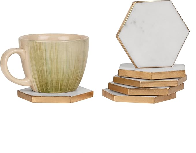 GoCraft Gold Edge Marble Coasters – Set of 6 Hexagon White Stone Coasters for Drinks – Stylish Drinkware Accessories for Wine Glasses, Coffee Mugs & Modern Coffee Table or Bar Decor