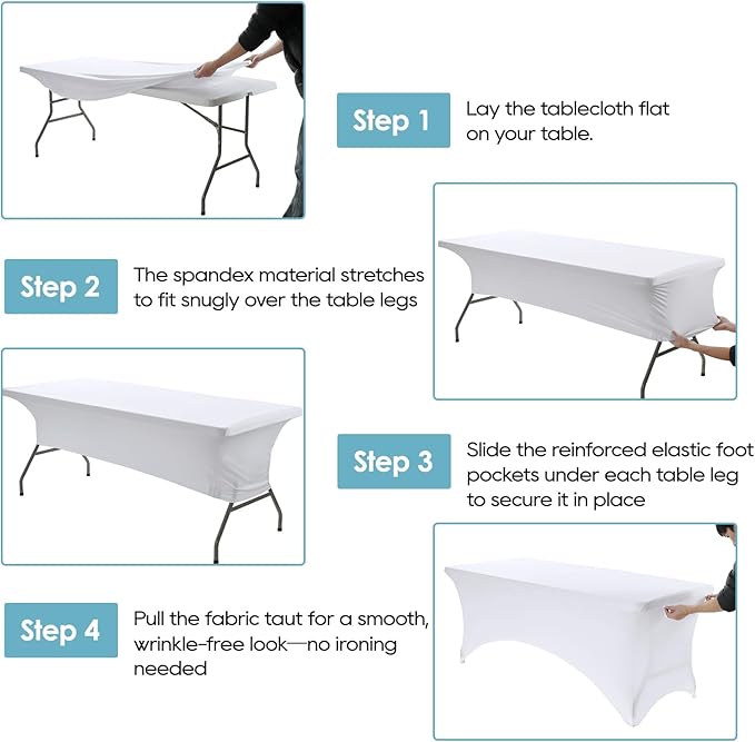 VidaFete Spandex Tablecloth 4FT, Fitted Stretch Table Cover for Rectangle Tables, Wrinkle Resistant and Washable Tablecloths for Outdoor, Picnic, Party, Wedding, Banquet, Birthday, White