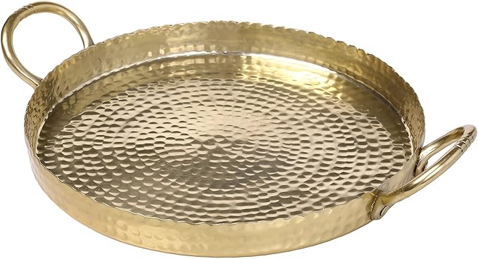 MyGift 12-inch Brass Metal Round Decorative Tray with Handcrafted Hammered Design, Large Centerpiece Display Serving Tray - Handmade in India