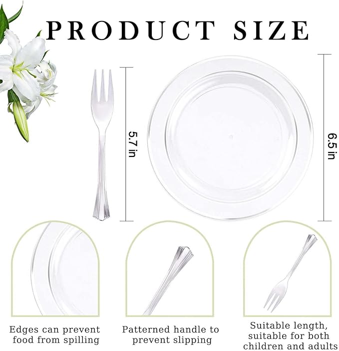 DaYammi 240Pcs Silver Dessert Plates Set Includes 120 Disposable Cake Plates 6.5" 120 Plastic Forks 5.7", Clear Silver Plastic plates, Fancy Appetizer plates for Party and Wedding Birthday