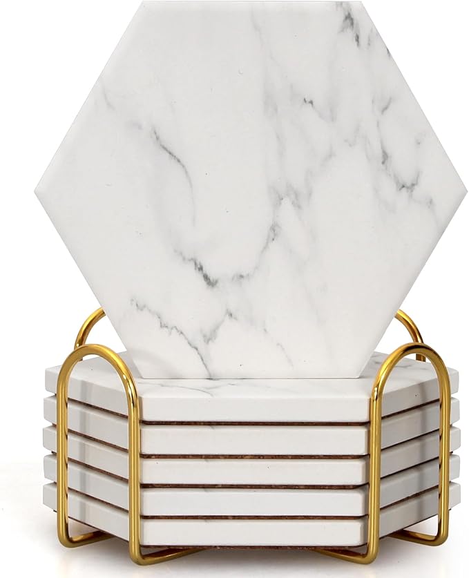 White Marble Coasters Set of 6 Hexagon Absorbent Ceramic Coasters by Dksyee