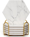 White Marble Coasters Set of 6 Hexagon Absorbent Ceramic Coasters by Dksyee