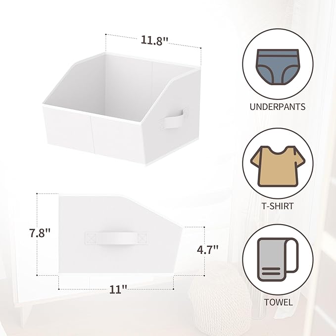 Storage Bins for Shelves - Small Trapezoid Closet Shelf Organizer, Fabric Organization Bins with Handles, Storage Baskets for Clothes, Towel, Purse, 4 Pack, White
