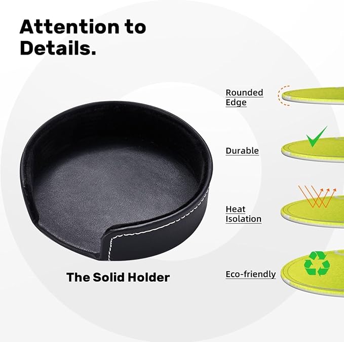 Tennis Ball Coasters for Drinks with Holder Round Leather Coasters Set of 6 Cups Mugs Mat Pad for Home Kitchen Bar