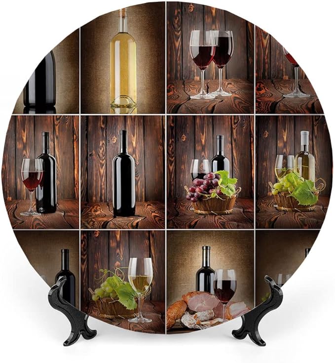Decorative Plates, Wine Print Ornament, Wine Themed Collage on Wooden Backdrop with Grapes and, 8 Inch, 1 Plate with 1 Display Stand, Brown Black Red