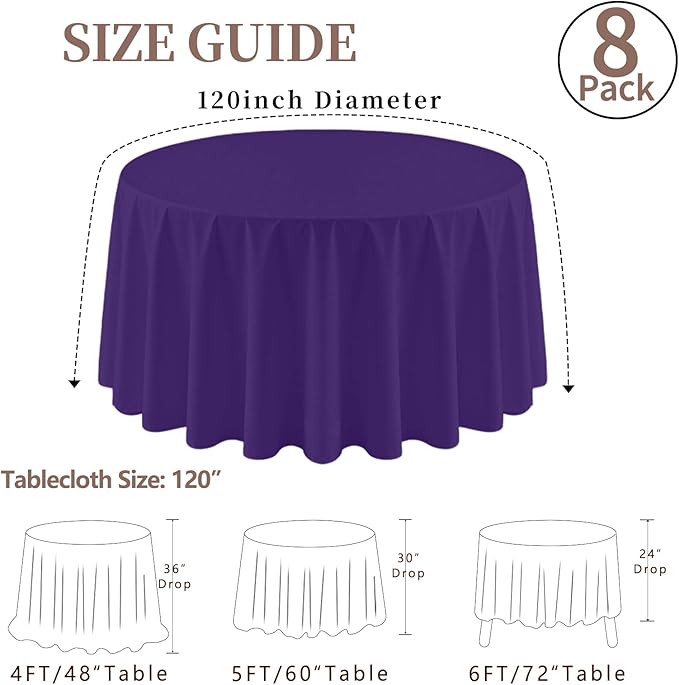 8 Pack Round Tablecloth 120 Inch Cloth Purple Tablecloth for Round Tables, Washable Polyester Table Cloth Stain and Wrinkle Resistant Decorative Table Cover for Wedding Party Dining Banquet