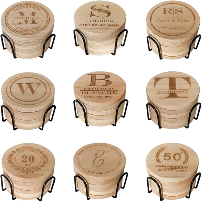 Personalized Wooden Coasters for Drinks - Custom Engraved, Monogram, Great Gifts for Relatives, Friends or Yourself (T, Set of 6)