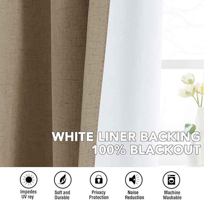 H.VERSAILTEX Linen Curtains 100% Blackout Curtains for Bedroom 63 inch Long Full Light Blocking Nature Linen Blended Window Curtains for Living Room Nickel Grommet (2 Panels, Heathered Macchiato)