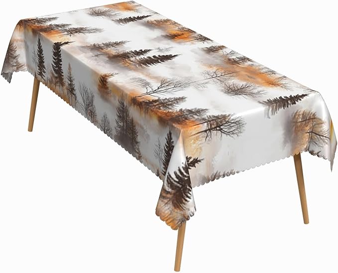 54x78 Inch Nature Rectangle Tablecloth Watercolor Autumn Forest Misty Pine Tree Sunrise Table Cloth Waterproof Reusable Table Cover for Dining Home Kitchen Thanksgiving Picnic BBQ