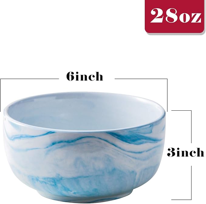 Yundu 28 Ounce Blue Marble Porcelain Bowls Ice Cream, Dessert, Cereal, Pasta Bowls, Microwave and Dishwasher Safe Bowls for Kitchen, Set of 3