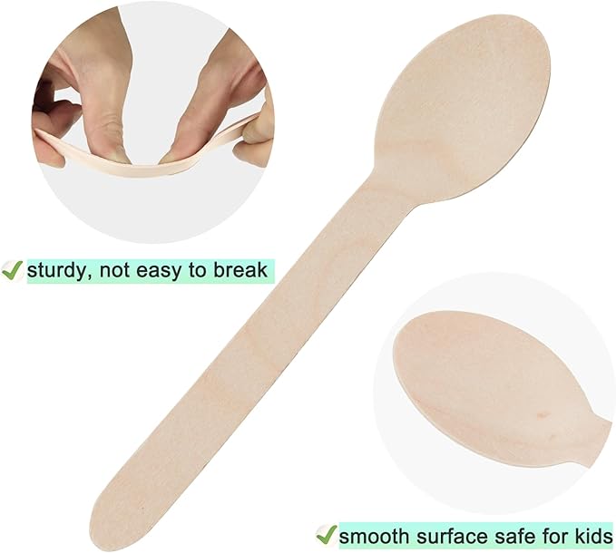 100 Pack Bamboo Spoons Disposable - 6 Inch Biodegradable Cutlery Set for Parties, Weddings & Camping - Heavy Duty, Compostable Birch Wood Utensils (Eco Conscious Alternative to Plastic) of TANGTEA