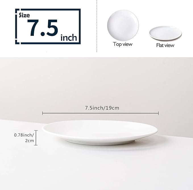 White Salad Plates Set of 6, 7.5 Inch Ceramic Plates – White Porcelain Appetizer & Dessert Plates for Kitchen, Salad, Snack & Everyday Use, Microwave & Dishwasher Safe
