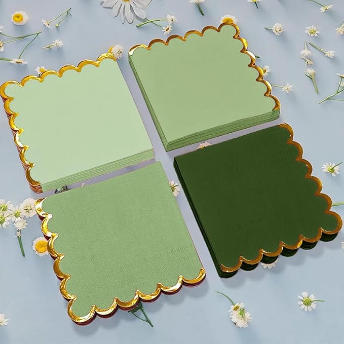 100 pack Green Cocktail Napkins with Gold Foil Accents Scalloped Edges 5 x 5 inch Beverage Disposable Napkin Party Decoration Wedding Bridal and Baby Shower Dinner Lunch Supplies