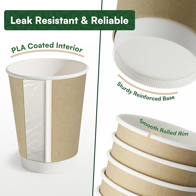 Disposable Coffee Cups 12 oz Paper Cups,50 Pack Compostable Cups Double Wall Hot Cups, BPI Certified PLA Coated Disposable Cups, Kraft Paper Coffee Cups for Everyday To-go Office Coffee Bar Supplies