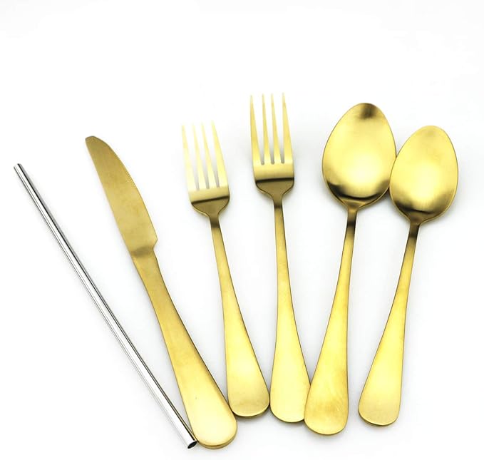 JASHII Modern Royal 20 Pcs Matte Gold 18/10 Stainless Steel Utensils Cutlery Dinnerware Set w/ 4 Pcs Straw, Knife Fork and Spoon Flatware Set for Wedding Festival Christmas Party Service for 4